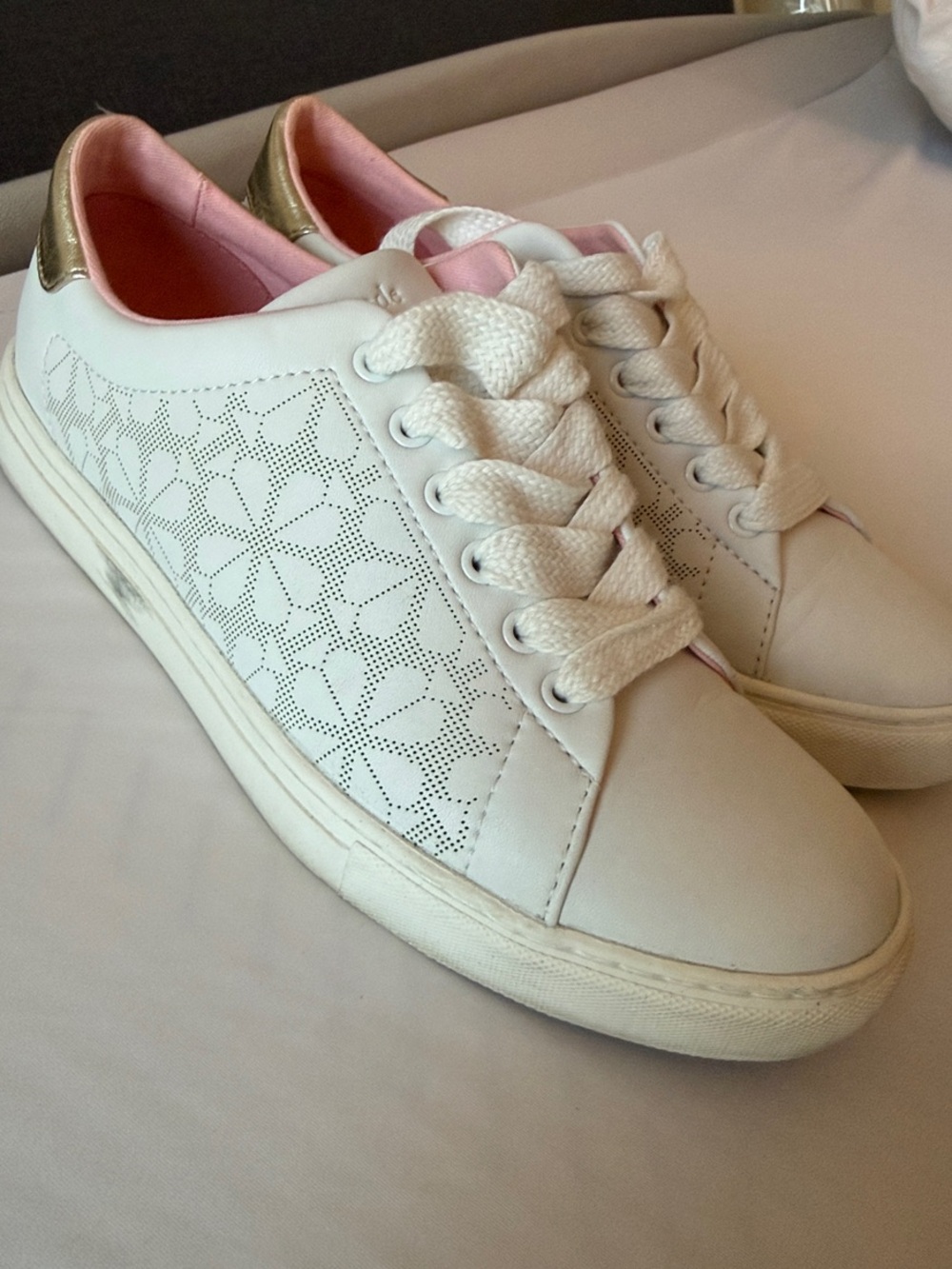 kate spade White Floral Perforated Sneakers with Pink Lining and Gold Heel
